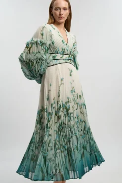 Robe Maxi Drapée En Georgette Tissée À Col En V Plissé Et Motif Floral Ombré