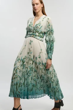 Robe Maxi Drapée En Georgette Tissée À Col En V Plissé Et Motif Floral Ombré