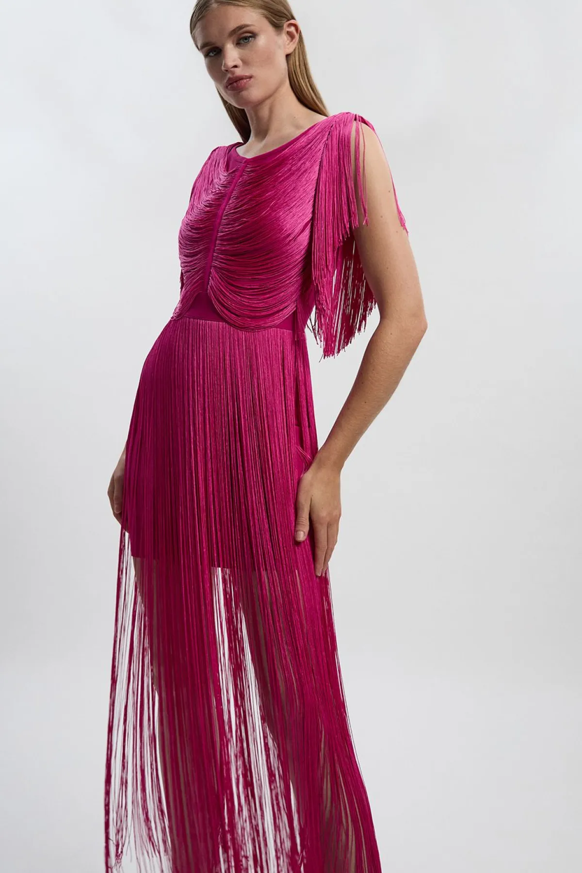 KarenMillen Robe maxi drapée à franges en tricot<Femme Pulls Et Gilets|Toutes Les Mailles