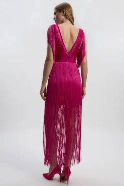 KarenMillen Robe maxi drapée à franges en tricot<Femme Pulls Et Gilets|Toutes Les Mailles