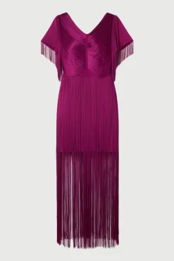 KarenMillen Robe maxi drapée à franges en tricot<Femme Pulls Et Gilets|Toutes Les Mailles