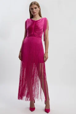 KarenMillen Robe maxi drapée à franges en tricot<Femme Pulls Et Gilets|Toutes Les Mailles
