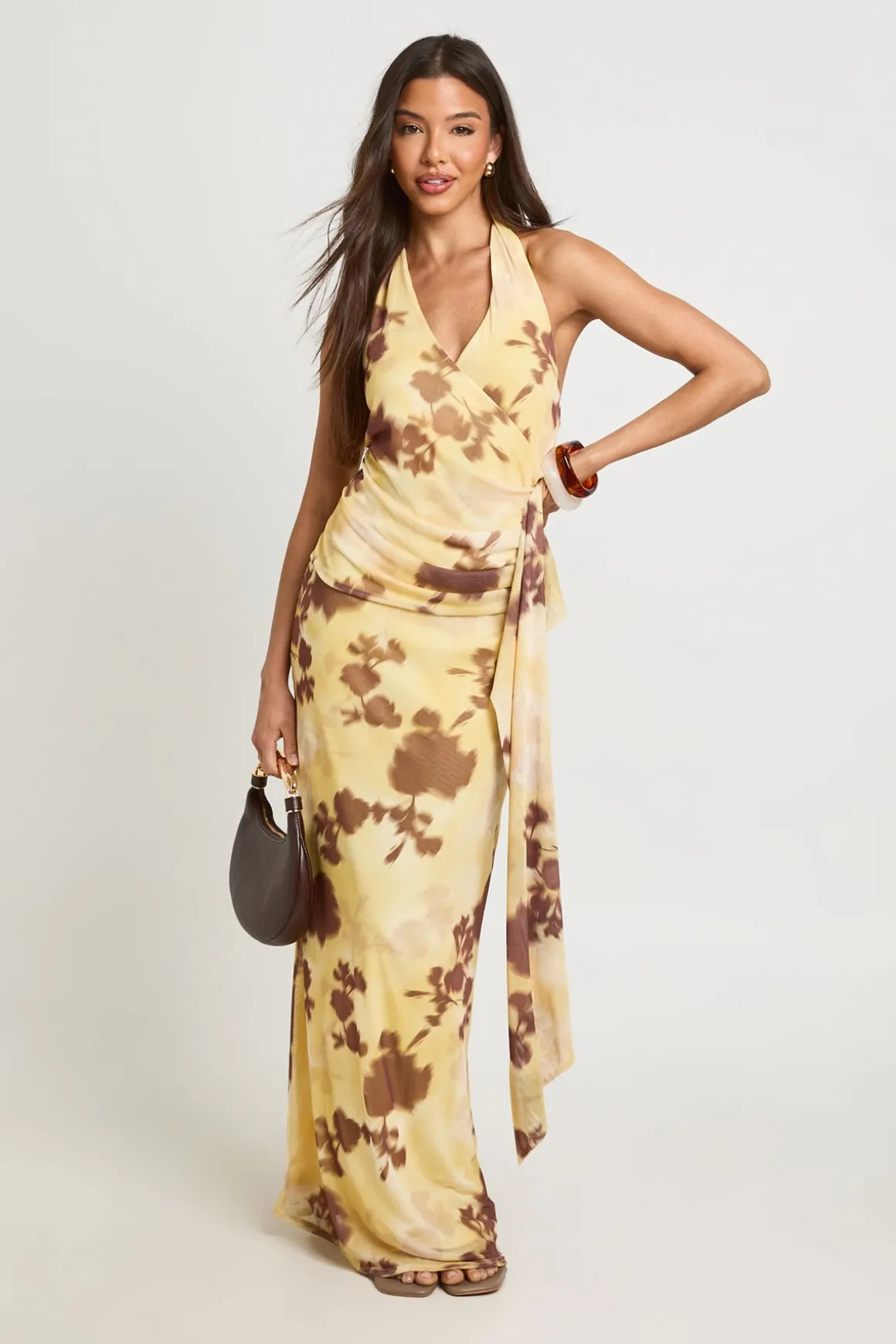 Robe Maxi Drapée À Imprimé Floral Tonal Avec Détails