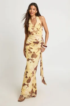 Robe Maxi Drapée À Imprimé Floral Tonal Avec Détails