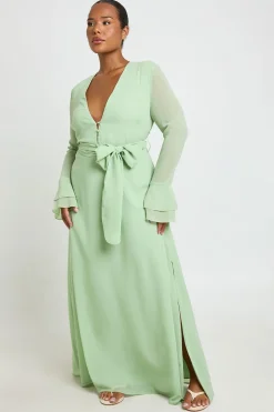 Robe Maxi À Détail Boutons Et Manches À Volants Étagés
