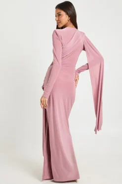 Robe Maxi à Détail Drapé et Fente Latérale