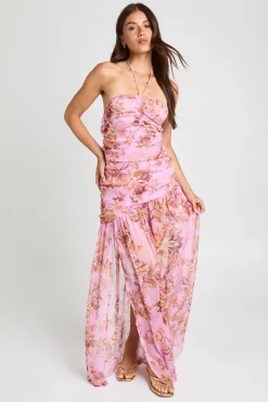 boohoo Robe Maxi À Détails Froncés Et Col Licou À Imprimé Floral<Femme Robes|Robe Invitée Mariage