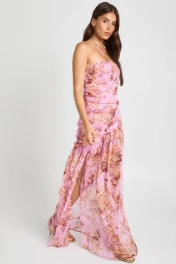 boohoo Robe Maxi À Détails Froncés Et Col Licou À Imprimé Floral<Femme Robes|Robe Invitée Mariage