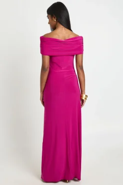 boohoo Robe Maxi À Détails Froncés Et Encolure Bardot<Femme Robes|Robes De Soirée Chic