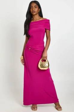 boohoo Robe Maxi À Détails Froncés Et Encolure Bardot<Femme Robes|Robes De Soirée Chic
