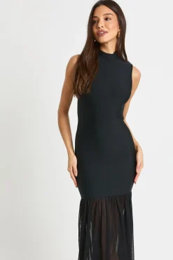 Robe maxi en bandage à encolure haute et jupe en mesh