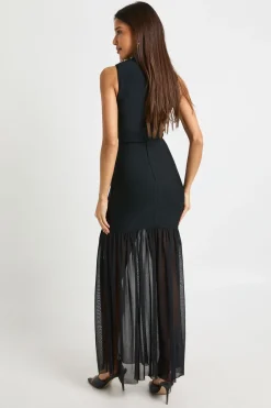 Robe maxi en bandage à encolure haute et jupe en mesh