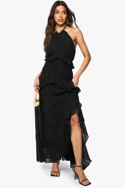 Robe maxi en chiffon à détails de volants et col halterneck