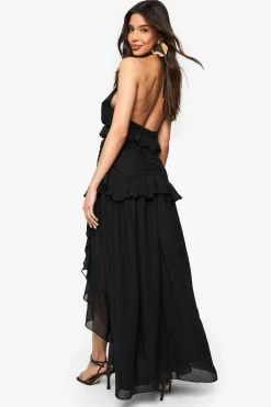 Robe maxi en chiffon à détails de volants et col halterneck