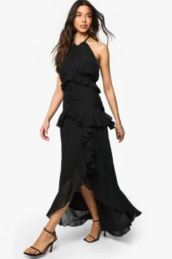 Robe maxi en chiffon à détails de volants et col halterneck