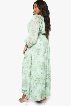 Robe maxi en chiffon fleuri froncé à manches blouson