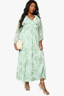 Robe maxi en chiffon fleuri froncé à manches blouson