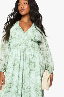 Robe maxi en chiffon fleuri froncé à manches blouson