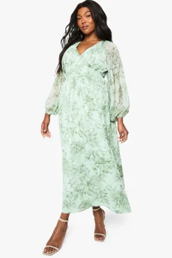 Robe maxi en chiffon fleuri froncé à manches blouson