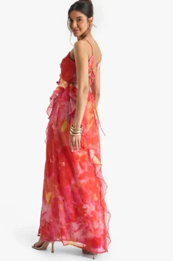 Robe maxi en chiffon froissé floral à volants