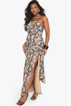Robe maxi en chiffon à imprimé synthétique avec col halterneck