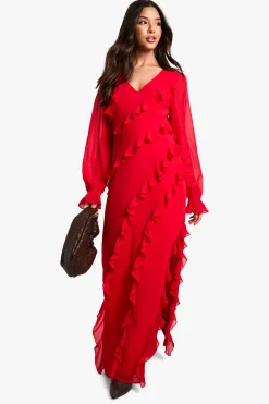 Robe maxi en chiffon à manches longues à volants