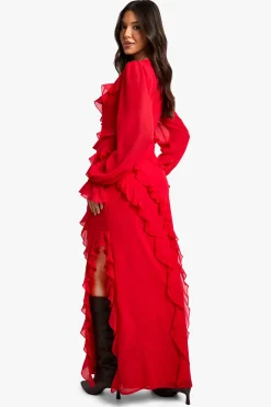 Robe maxi en chiffon à manches longues à volants