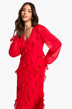 Robe maxi en chiffon à manches longues à volants