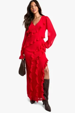 Robe maxi en chiffon à manches longues à volants