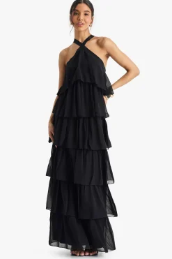 Robe maxi en chiffon à volants et décolleté halter