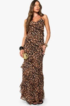 Robe maxi en chiffon à volants imprimé léopard