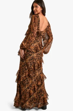 Robe maxi en chiffon à volants léopard
