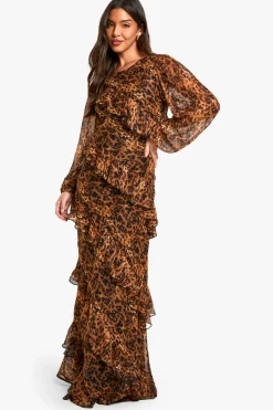 Robe maxi en chiffon à volants léopard