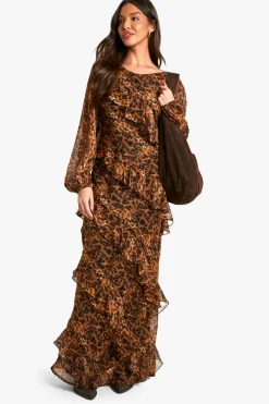 Robe maxi en chiffon à volants léopard