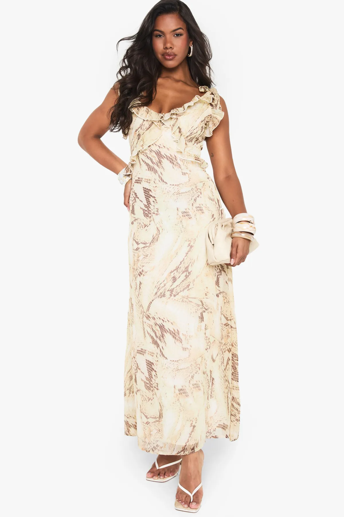 boohoo Robe maxi en chiffon à volants motif synthétique<Femme Robes|Robe Invitée Mariage