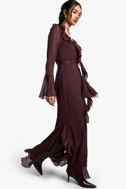 Robe maxi en chiffon à volants, manches évasées et ceinturée