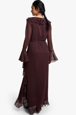 Robe maxi en chiffon à volants, manches évasées et ceinturée