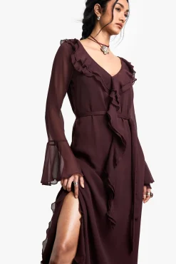 Robe maxi en chiffon à volants, manches évasées et ceinturée