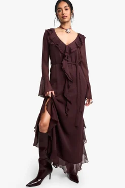 Robe maxi en chiffon à volants, manches évasées et ceinturée