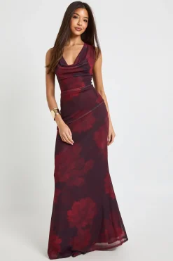 Robe maxi à encolure drapée en maille florale tonale