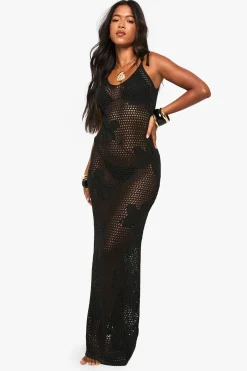 boohoo Robe maxi en crochet floral à bretelles nouées<Femme Pulls Et Gilets|Toutes Les Mailles
