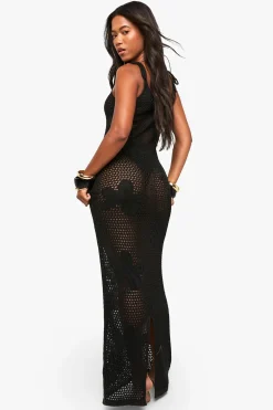 boohoo Robe maxi en crochet floral à bretelles nouées<Femme Pulls Et Gilets|Toutes Les Mailles