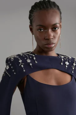 Robe maxi en crêpe de viscose ornée de cristaux avec cape détachable
