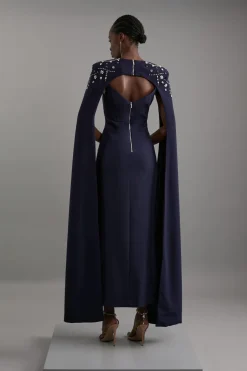 Robe maxi en crêpe de viscose ornée de cristaux avec cape détachable