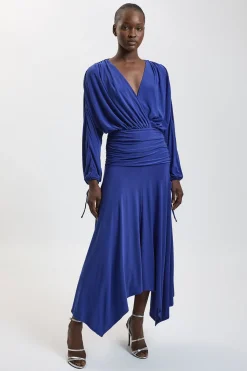KarenMillen Robe Maxi en Crêpe Drapé Extensible à Décolleté Plongeant et Manches Chauve-Souris Froncée<Femme Robes À Manches Longues|Robes