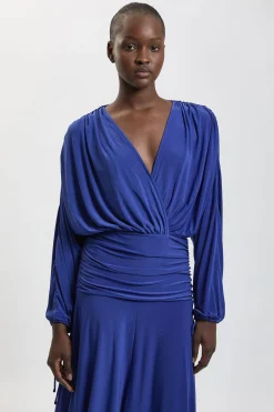 KarenMillen Robe Maxi en Crêpe Drapé Extensible à Décolleté Plongeant et Manches Chauve-Souris Froncée<Femme Robes À Manches Longues|Robes