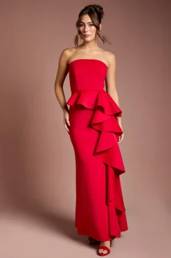 Robe Maxi en Crêpe Stretch à Bandeau et Volants