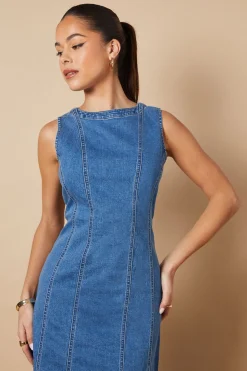 Robe Maxi en Denim Sans Manches avec Détails de Coutures