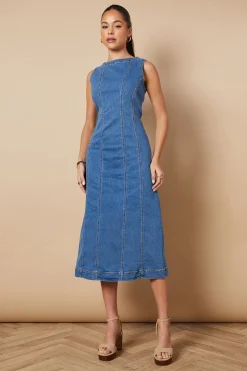 Robe Maxi en Denim Sans Manches avec Détails de Coutures