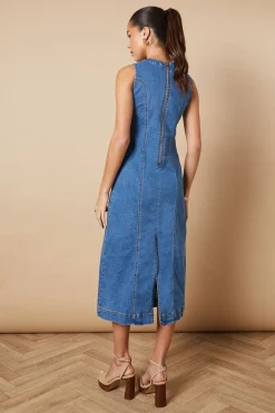 Robe Maxi en Denim Sans Manches avec Détails de Coutures